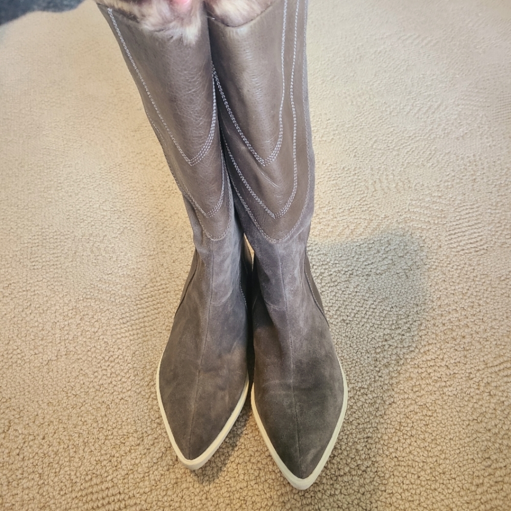 Naya Yuma Brown/Grey/Mushroom Leather Slouch Mid High Boot